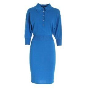 PINKO Nuoto Women's Dress Blue Viscose Button Ribbed Edges 3/4 Sleeve Small NEW